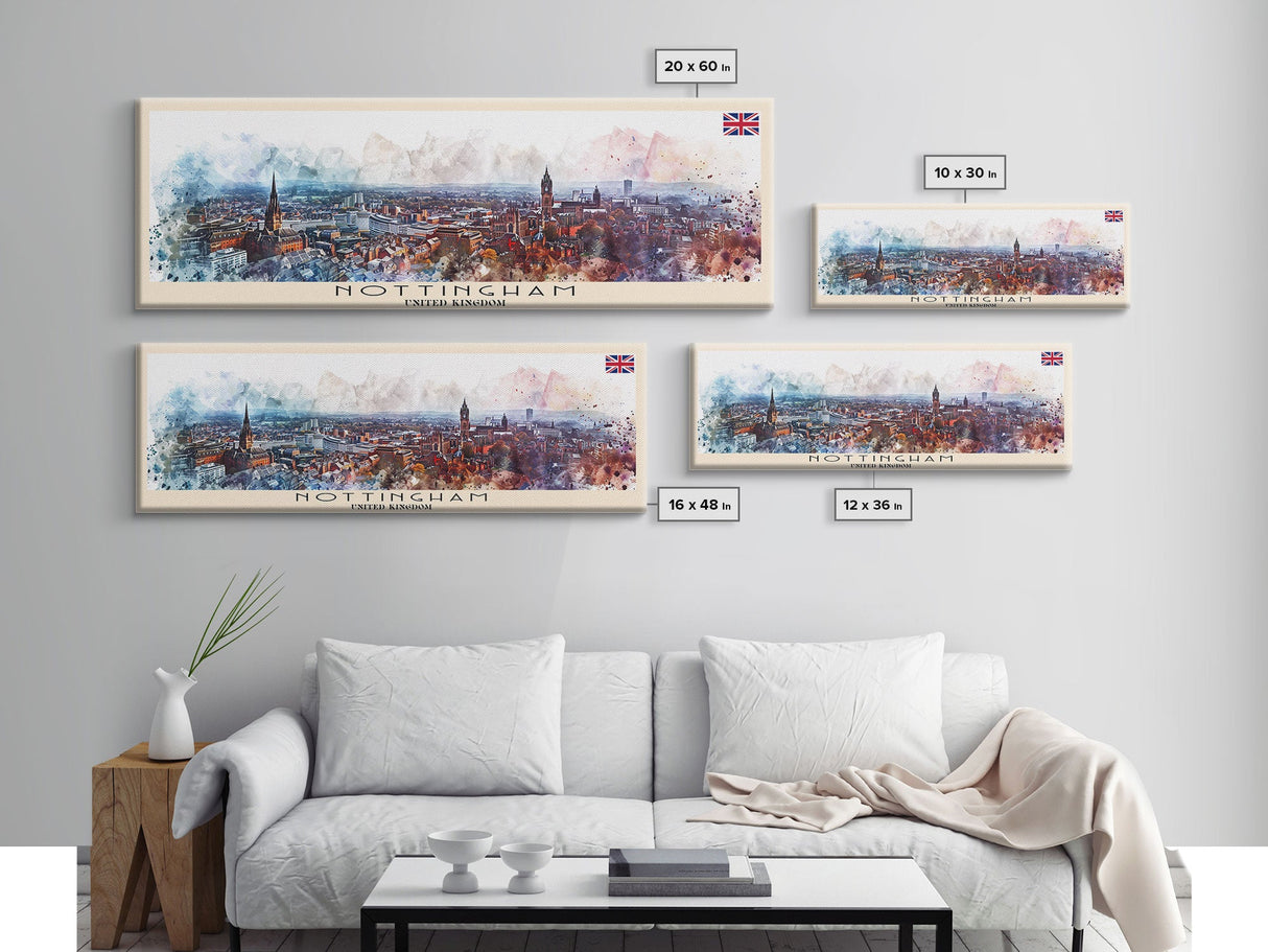 Nottingham United Kingdom Wall Art, Panoramic Travel Poster, Panoramic Framed Canvas Print, City Wall Art, Wall Hanging Home Decor, Travel Art