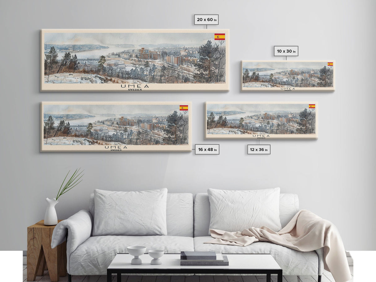 Ume Sweden Panoramic Travel Poster, Framed Canvas Print or Metal Wall Art, Travel Art, Home Decor, Panoramic Painting, Midcentury Art