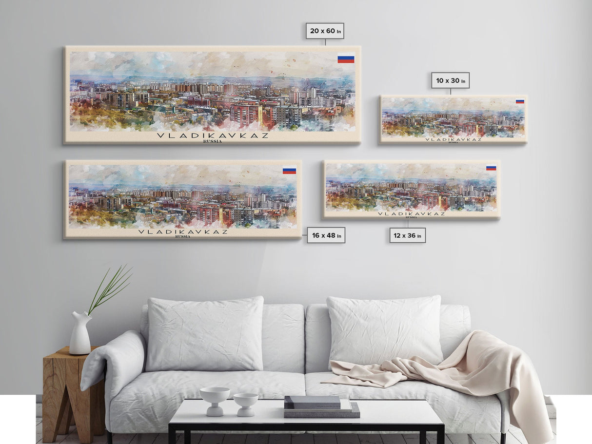 Vladikavkaz Russia Panoramic Travel Poster, Framed Canvas Print or Metal Wall Art, Travel Art, Home Decor, Panoramic Painting, Midcentury Art