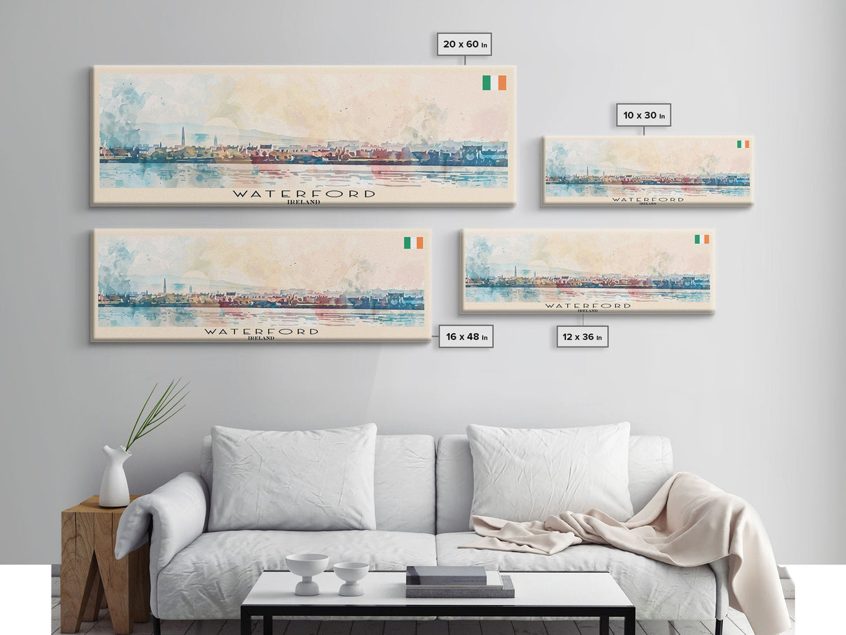 Waterford Ireland Panoramic Travel Poster, Framed Canvas Print or Metal Wall Art, Travel Art, Home Decor, Panoramic Painting, Midcentury Art