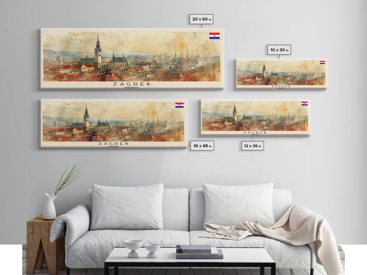 Zagreb Croatia Travel Art, City Art, Framed Canvas Print or Metal Wall Art, Europe Travel Poster, Panoramic Wall Art, Extra Wide Wall Art