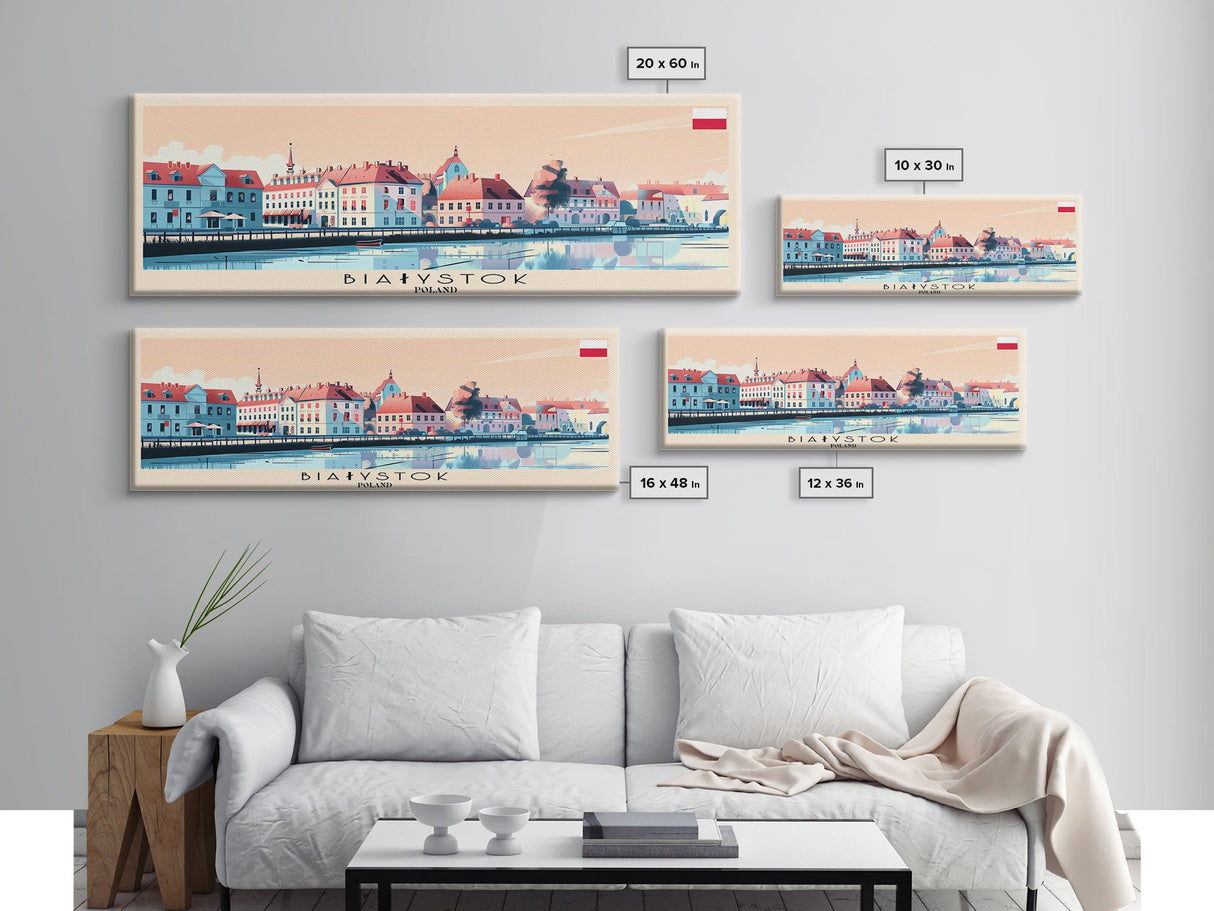 Bialystok Poland Panoramic Travel Poster, Framed Canvas Print or Metal Wall Art, Travel Art, Home Decor, Panoramic Painting, Midcentury Art