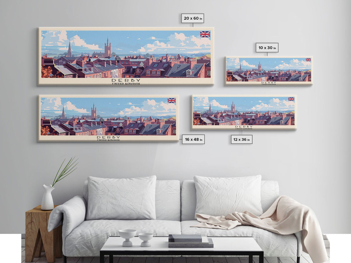 Derby United Kingdom Travel Print Wall Art, Panoramic City Art, Travel Art, Wall Decor, Vacation Gift, Framed Canvas Print Or Metal Art