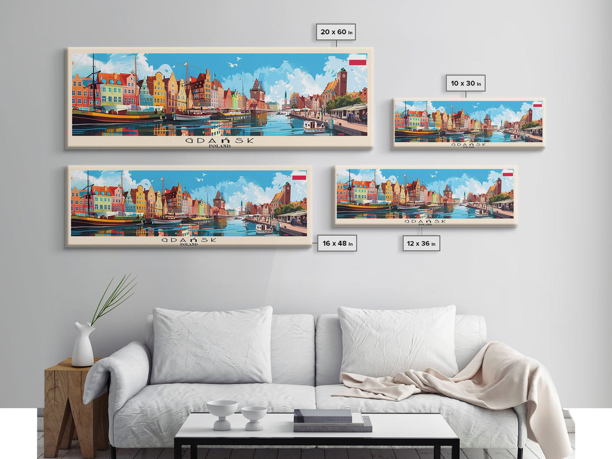 Gdansk Poland Travel Print Wall Art, Panoramic City Art, Travel Art, Wall Decor, Vacation Gift, Framed Canvas Print Or Metal Art