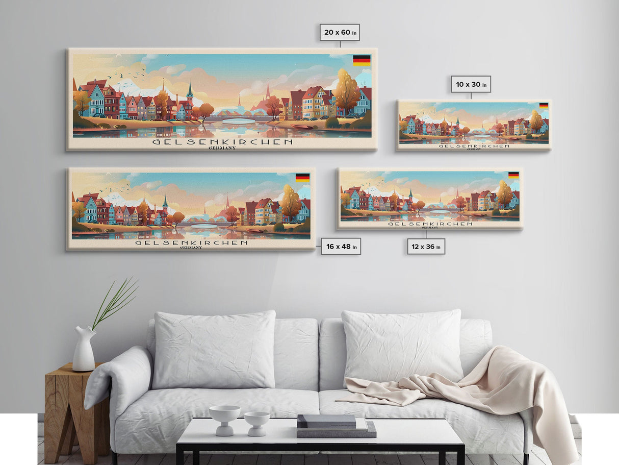 Gelsenkirchen Germany Panoramic Travel Poster, Framed Canvas Print or Metal Wall Art, Travel Art, Home Decor, Panoramic Painting, Midcentury Art