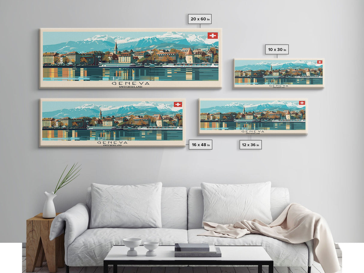 Geneva Switzerland Wall Art, Panoramic Travel Poster, Panoramic Framed Canvas Print, City Wall Art, Wall Hanging Home Decor, Travel Art