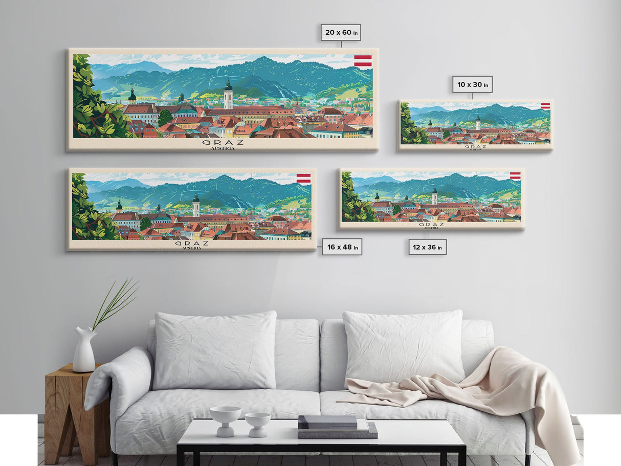 Graz Austria Wall Art, Panoramic Travel Poster, Panoramic Framed Canvas Print, City Wall Art, Wall Hanging Home Decor, Travel Art