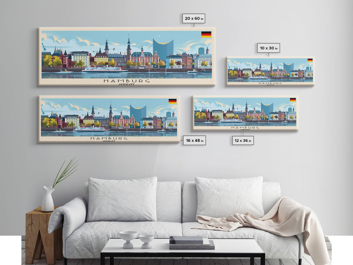 Hamburg Germany Travel Print Wall Art, Panoramic City Art, Travel Art, Wall Decor, Vacation Gift, Framed Canvas Print Or Metal Art