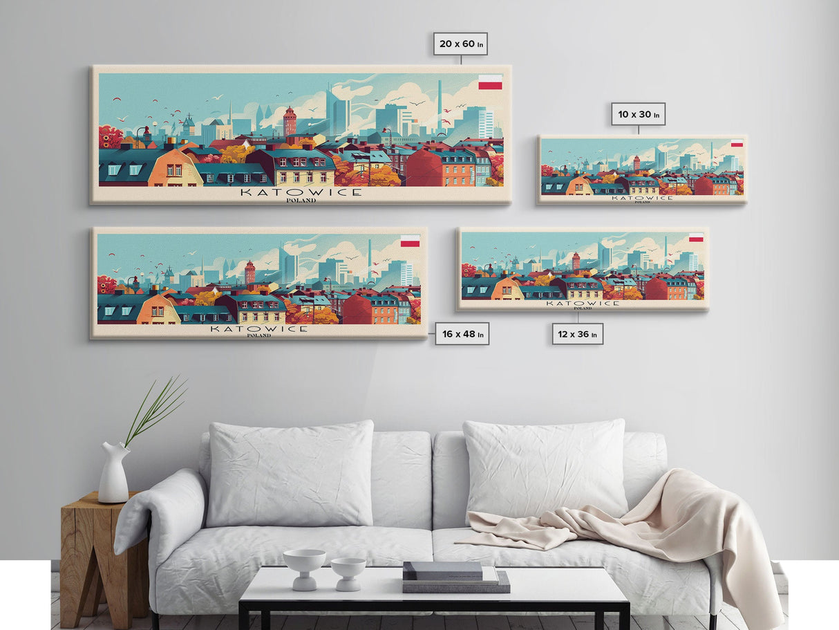 Katowice Poland Wall Art, Panoramic Travel Poster, Panoramic Framed Canvas Print, City Wall Art, Wall Hanging Home Decor, Travel Art