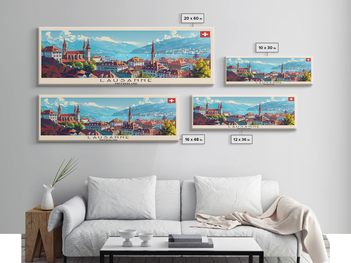 Lausanne Switzerland Travel Art, City Art, Framed Canvas Print or Metal Wall Art, Europe Travel Poster, Panoramic Wall Art, Extra Wide Wall Art