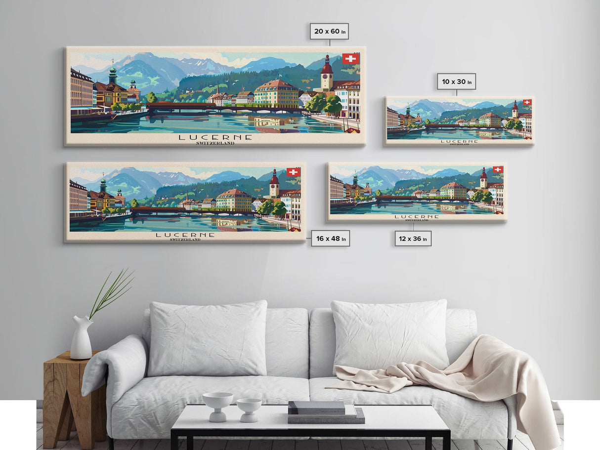 Lucerne Switzerland Travel Art, City Art, Framed Canvas Print or Metal Wall Art, Europe Travel Poster, Panoramic Wall Art, Extra Wide Wall Art