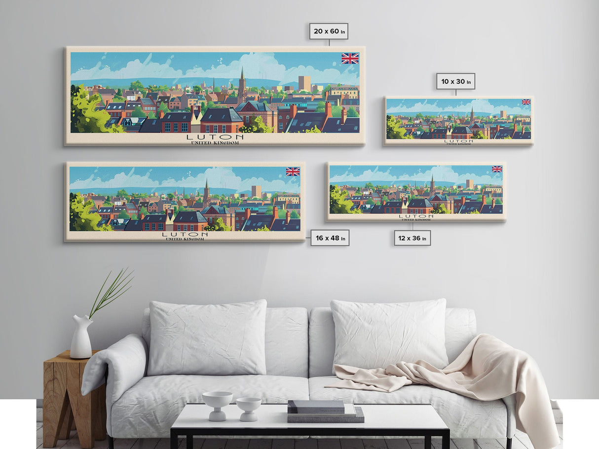 Luton United Kingdom Travel Art, City Art, Framed Canvas Print or Metal Wall Art, Europe Travel Poster, Panoramic Wall Art, Extra Wide Wall Art