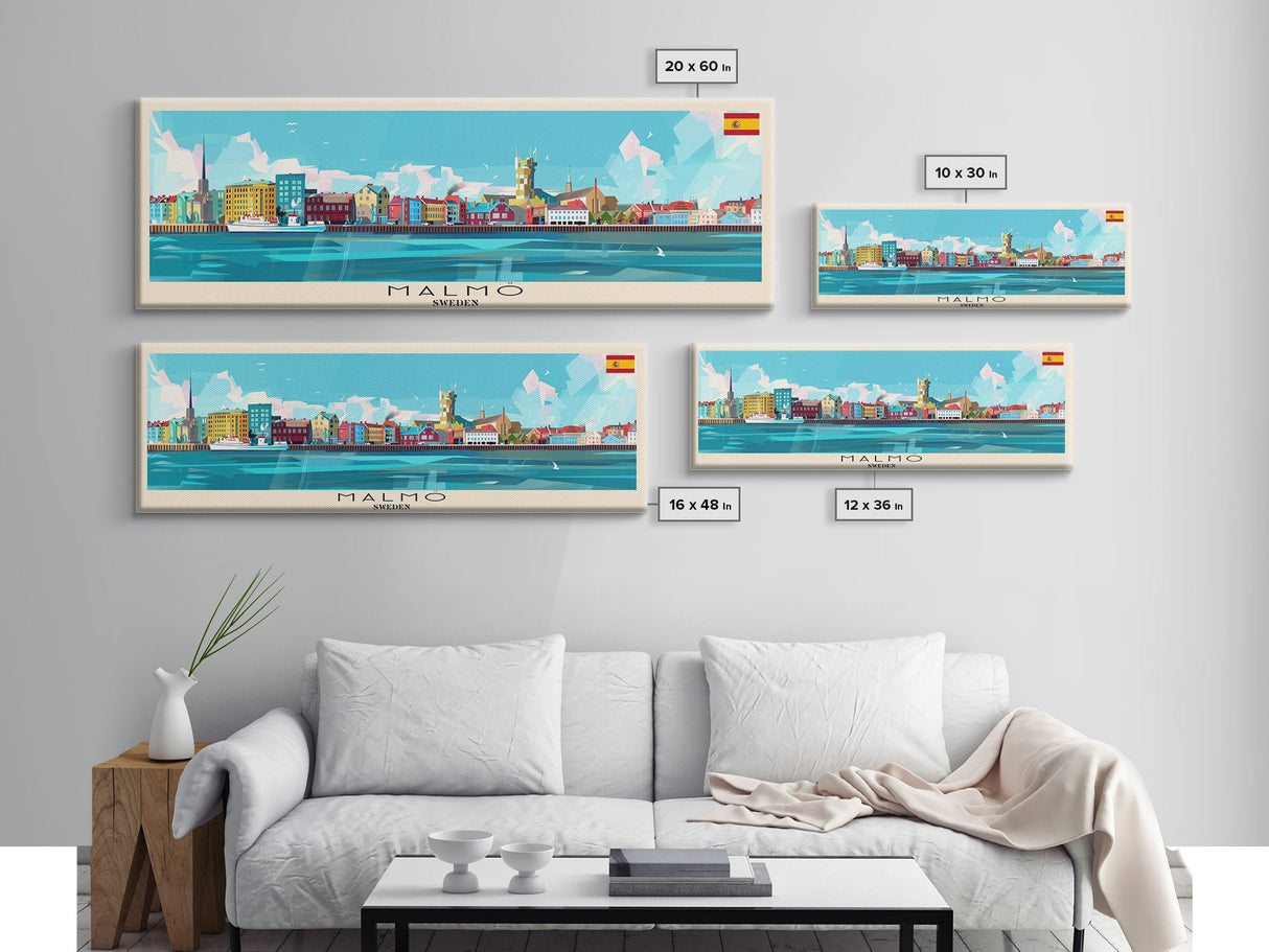 Malmo Sweden Travel Art, City Art, Framed Canvas Print or Metal Wall Art, Europe Travel Poster, Panoramic Wall Art, Extra Wide Wall Art