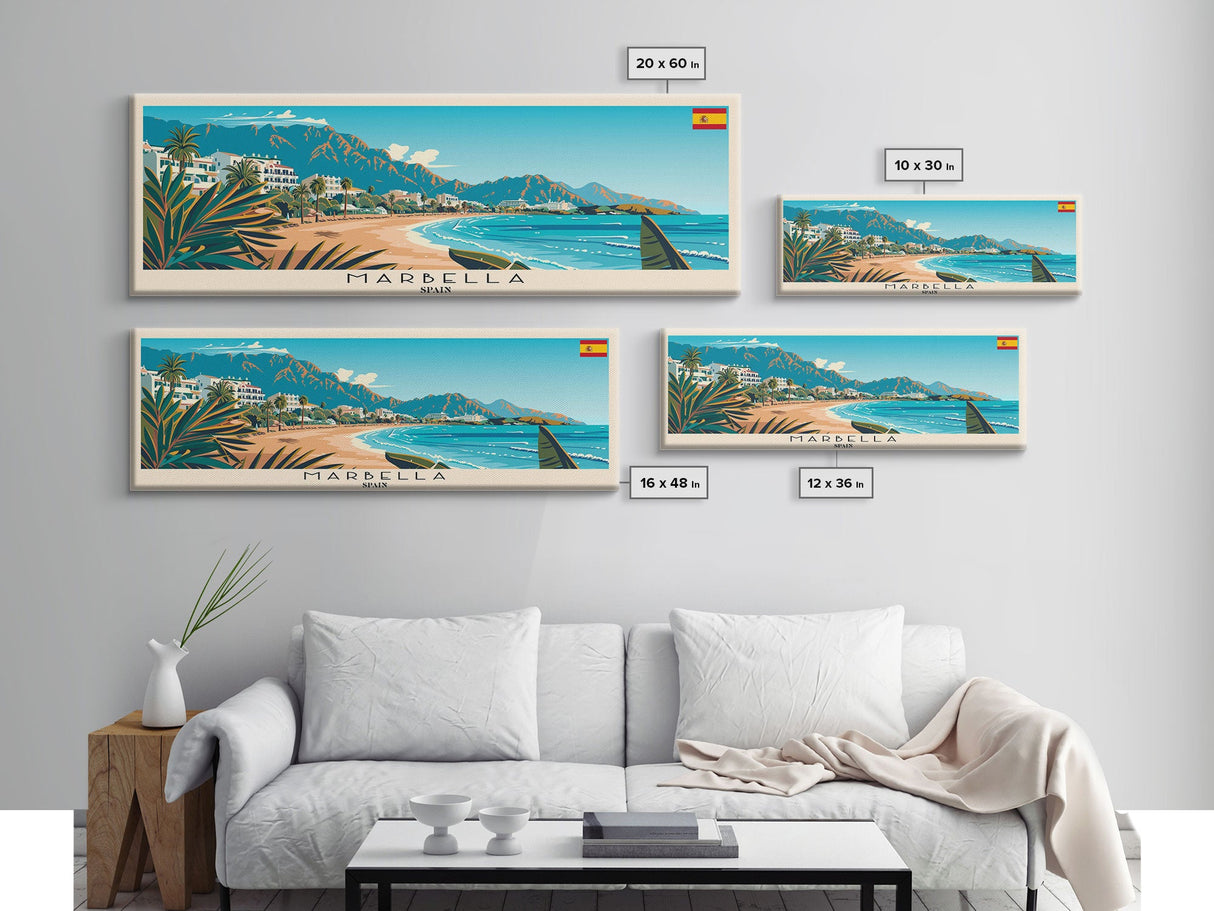 Marbella Spain Travel Art, City Art, Framed Canvas Print or Metal Wall Art, Europe Travel Poster, Panoramic Wall Art, Extra Wide Wall Art