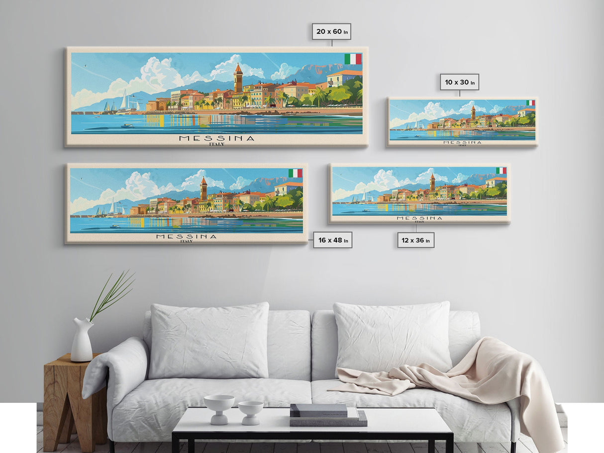 Messina Italy Travel Print Wall Art, Panoramic City Art, Travel Art, Wall Decor, Vacation Gift, Framed Canvas Print Or Metal Art