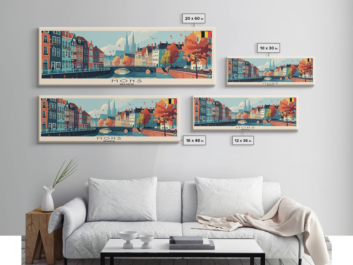 Mons Belgium Panoramic Travel Poster, Framed Canvas Print or Metal Wall Art, Travel Art, Home Decor, Panoramic Painting, Midcentury Art