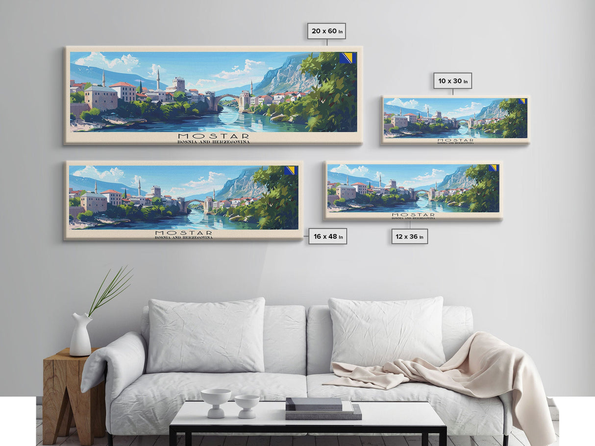 Mostar Bosnia Travel Art, City Art, Framed Canvas Print or Metal Wall Art, Europe Travel Poster, Panoramic Wall Art, Extra Wide Wall Art