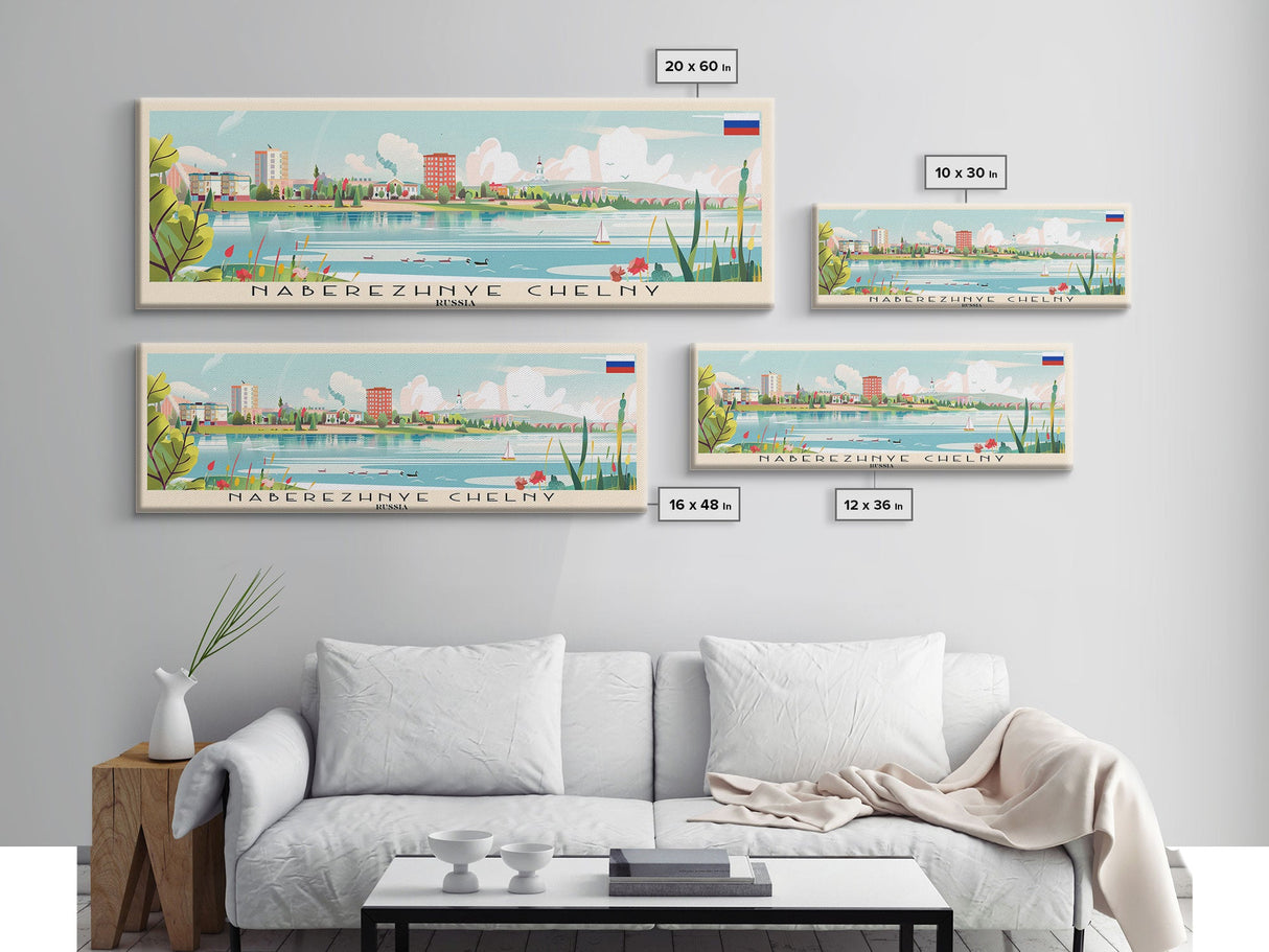 Naberezhnye Russia Travel Art, City Art, Framed Canvas Print or Metal Wall Art, Europe Travel Poster, Panoramic Wall Art, Extra Wide Wall Art