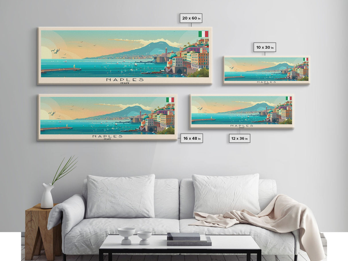 Naples Italy Travel Art, City Art, Framed Canvas Print or Metal Wall Art, Europe Travel Poster, Panoramic Wall Art, Extra Wide Wall Art