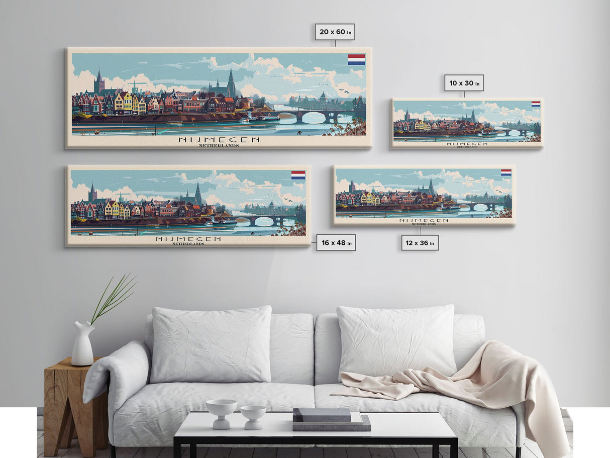 Nijmegen Netherlands Panoramic Travel Poster, Framed Canvas Print or Metal Wall Art, Travel Art, Home Decor, Panoramic Painting, Midcentury Art