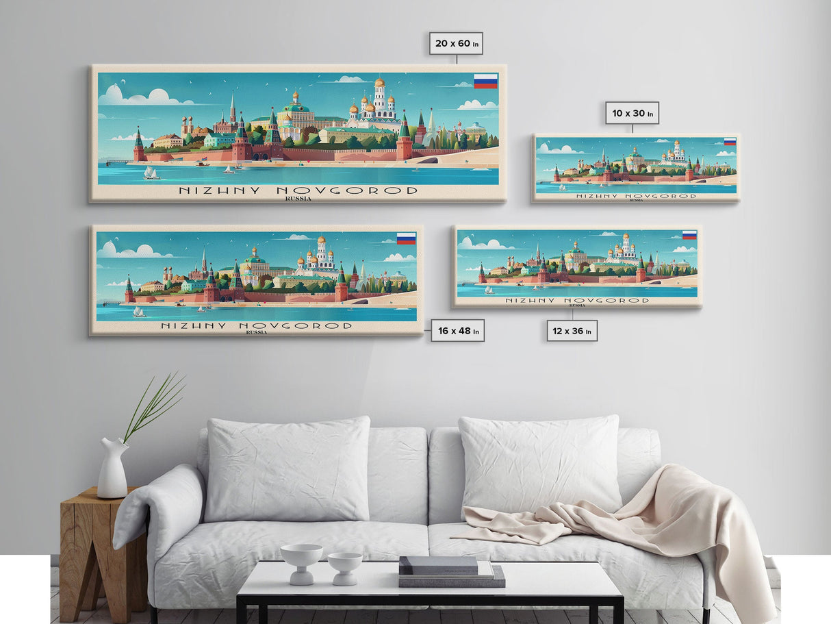 Nizhny Novgorod Panoramic Travel Poster, Framed Canvas Print or Metal Wall Art, Travel Art, Home Decor, Panoramic Painting, Midcentury Art