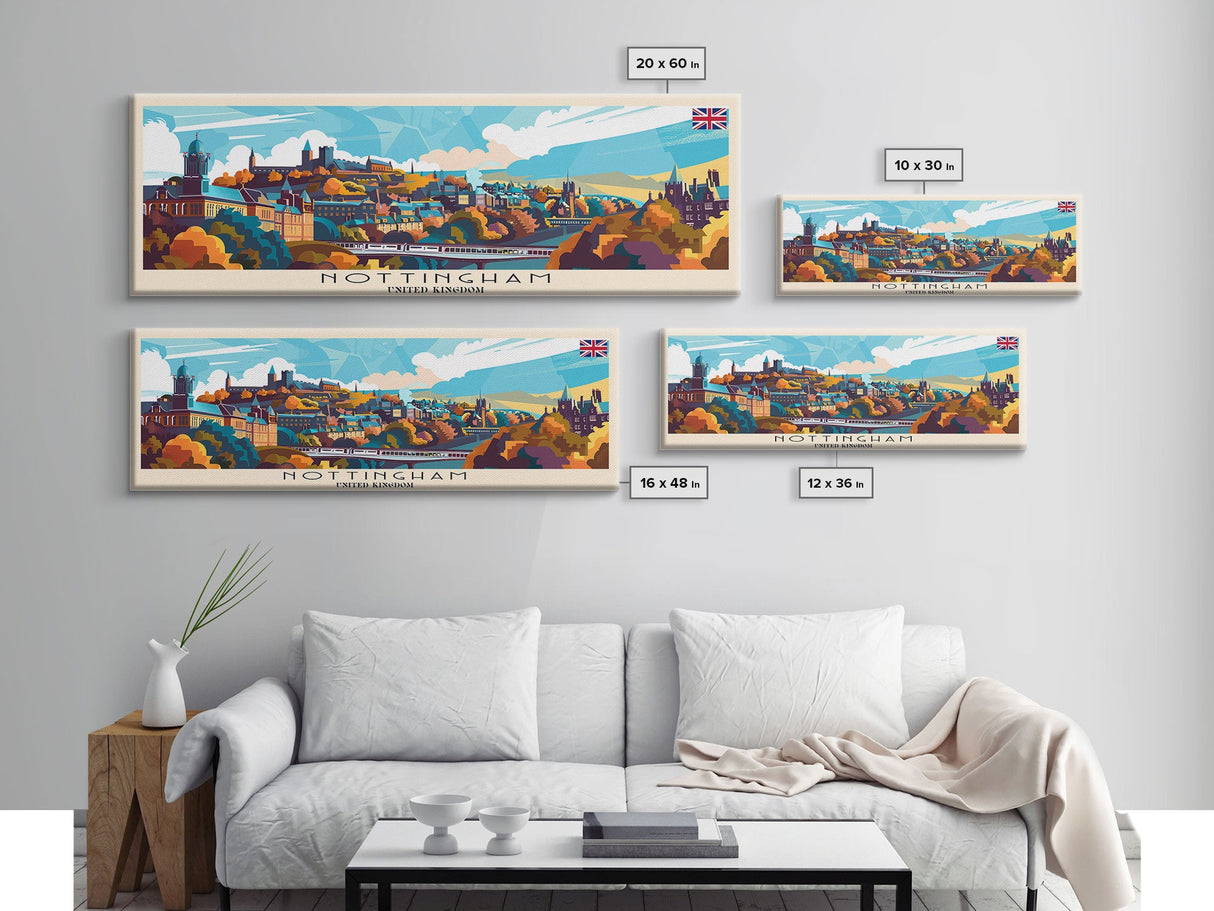 Nottingham United Kingdom Wall Art, Panoramic Travel Poster, Panoramic Framed Canvas Print, City Wall Art, Wall Hanging Home Decor, Travel Art