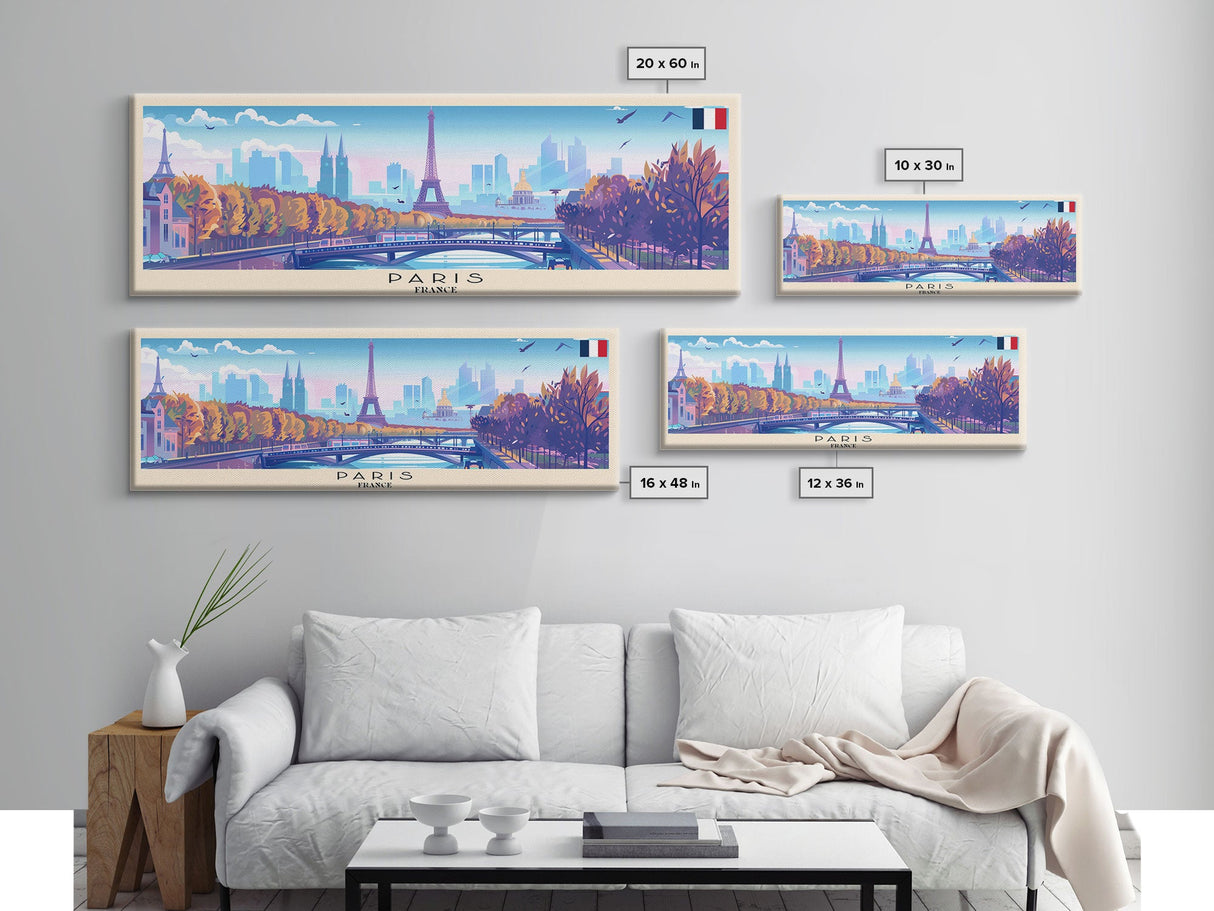 Paris France Panoramic Travel Poster, Framed Canvas Print or Metal Wall Art, Travel Art, Home Decor, Panoramic Painting, Midcentury Art