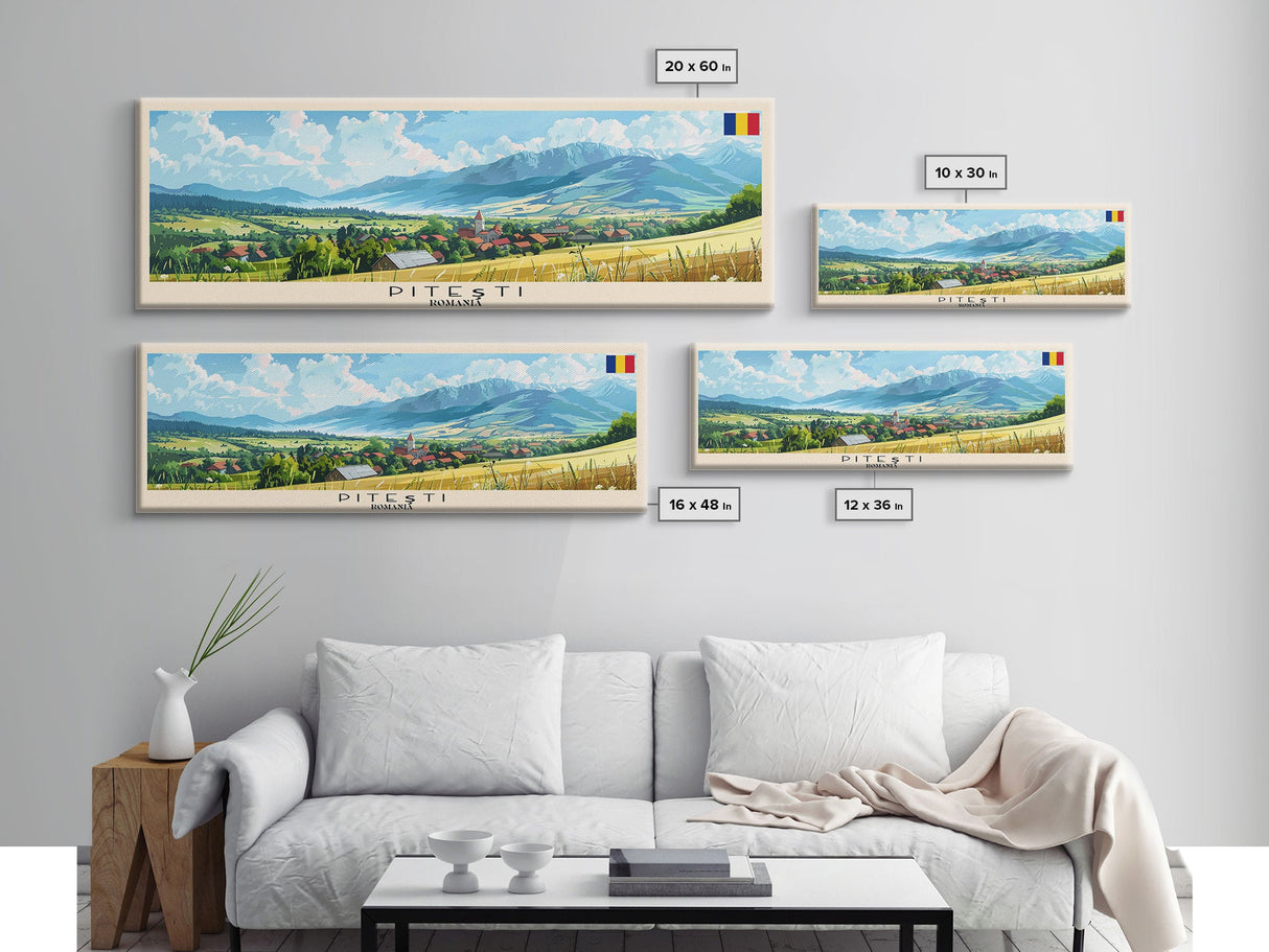 Pitesti Romania Panoramic Travel Poster, Framed Canvas Print or Metal Wall Art, Travel Art, Home Decor, Panoramic Painting, Midcentury Art