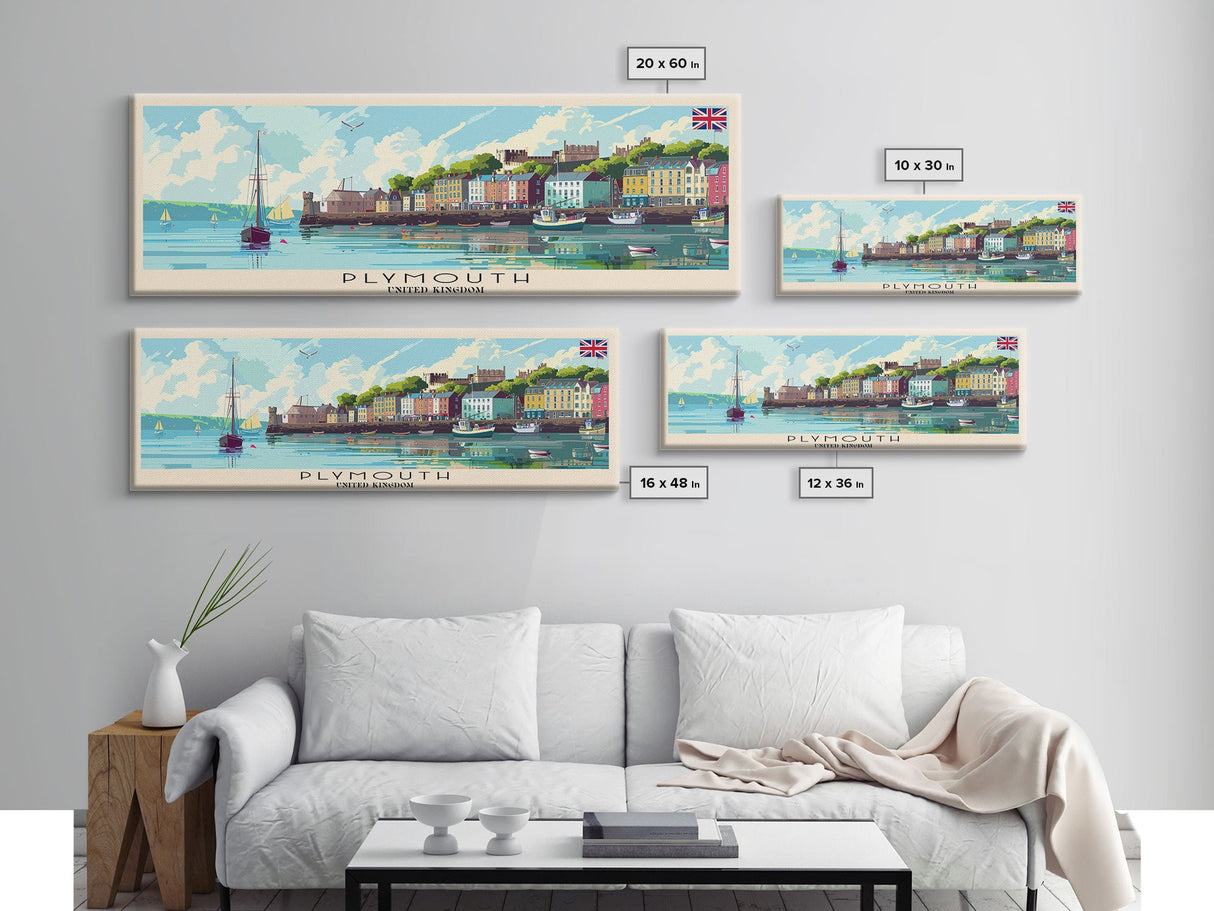 Plymouth United Kingdom Panoramic Travel Poster, Framed Canvas Print or Metal Wall Art, Travel Art, Home Decor, Panoramic Painting, Midcentury Art