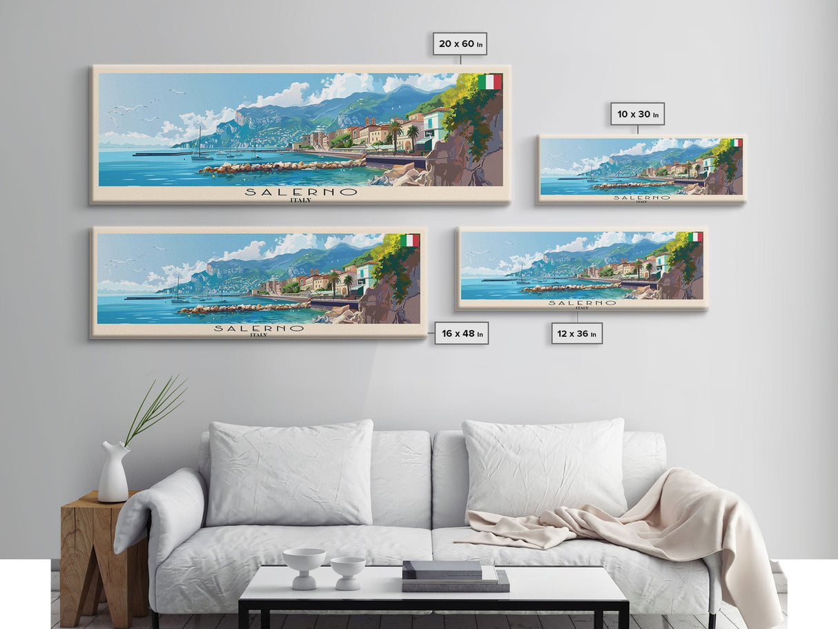 Salerno Italy Travel Art, City Art, Framed Canvas Print or Metal Wall Art, Europe Travel Poster, Panoramic Wall Art, Extra Wide Wall Art