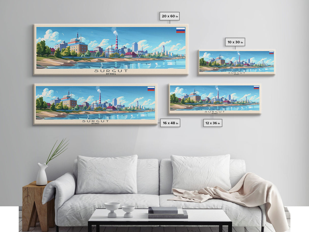 Surgut Russia Panoramic Travel Poster, Framed Canvas Print or Metal Wall Art, Travel Art, Home Decor, Panoramic Painting, Midcentury Art