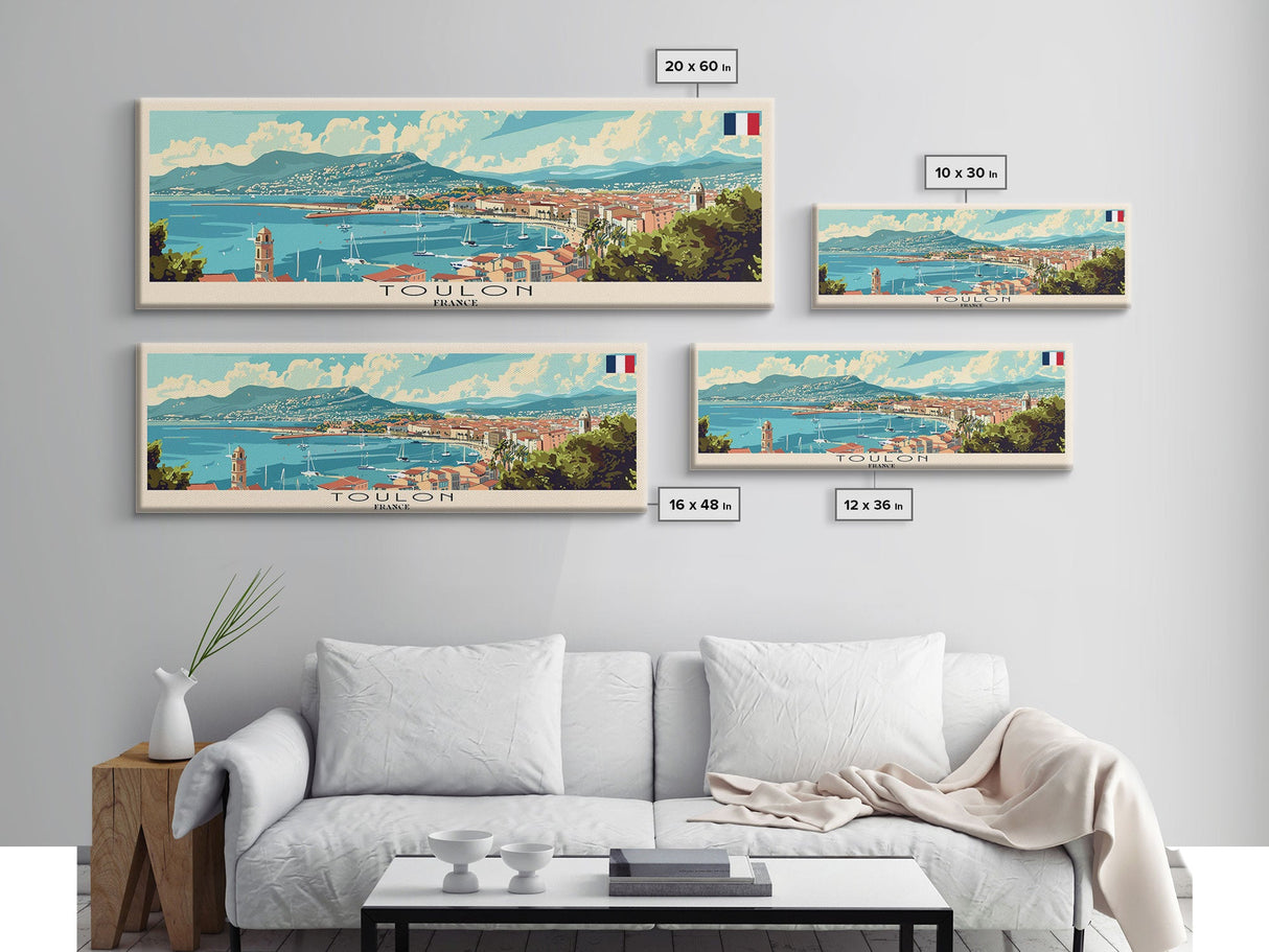 Toulon France Panoramic Travel Poster, Framed Canvas Print or Metal Wall Art, Travel Art, Home Decor, Panoramic Painting, Midcentury Art