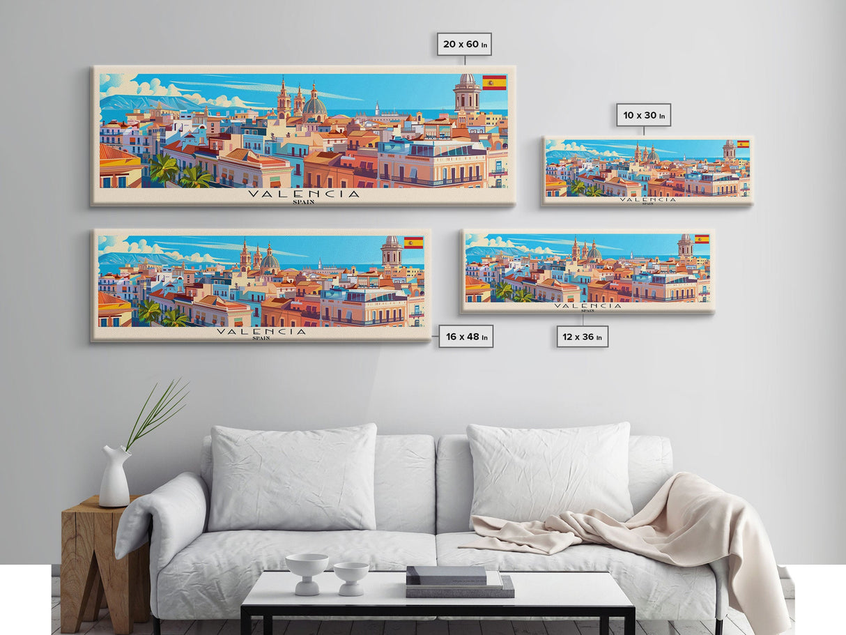 Valencia Spain Travel Art, City Art, Framed Canvas Print or Metal Wall Art, Europe Travel Poster, Panoramic Wall Art, Extra Wide Wall Art