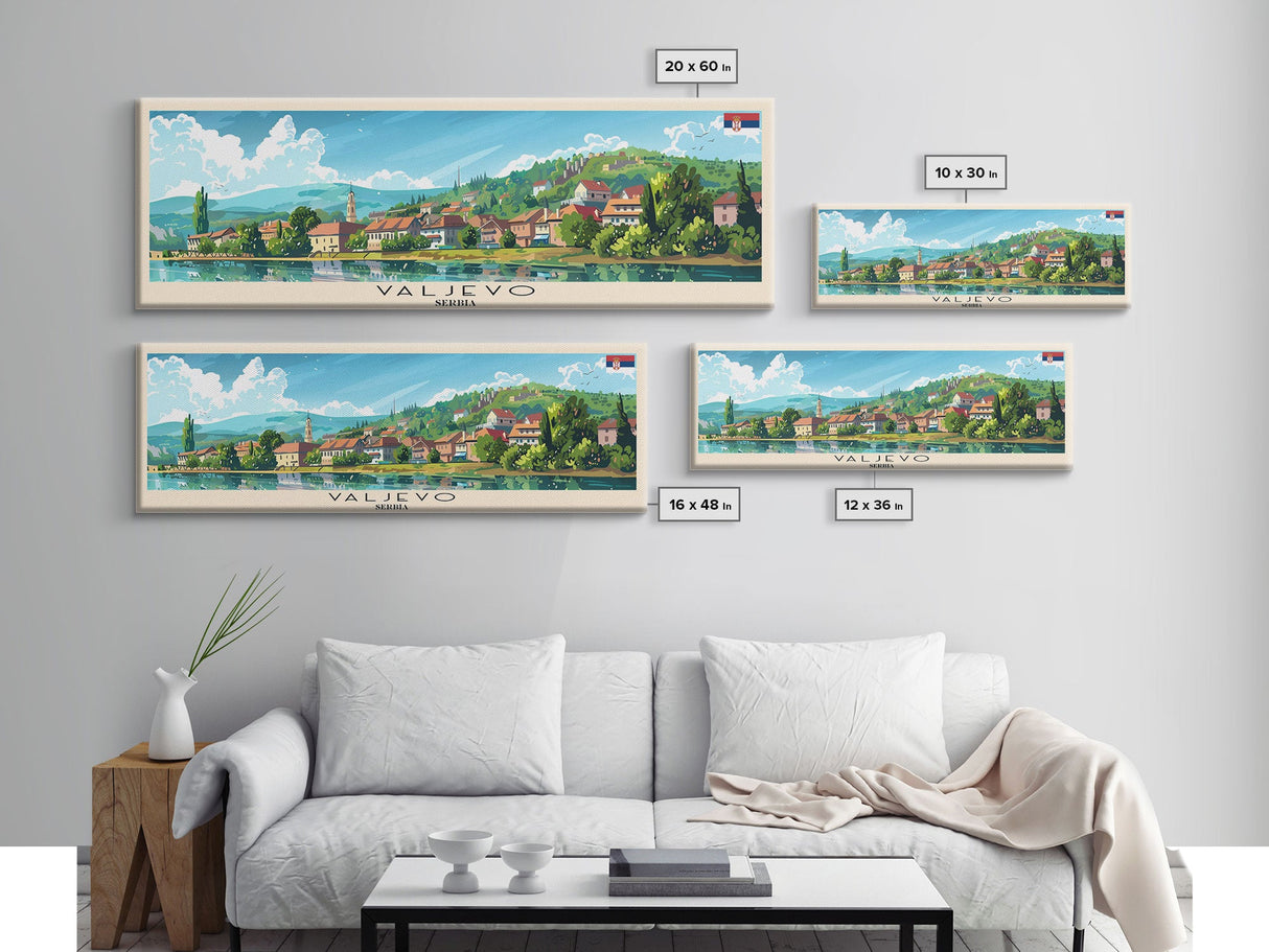 Valjevo Serbia Panoramic Travel Poster, Framed Canvas Print or Metal Wall Art, Travel Art, Home Decor, Panoramic Painting, Midcentury Art