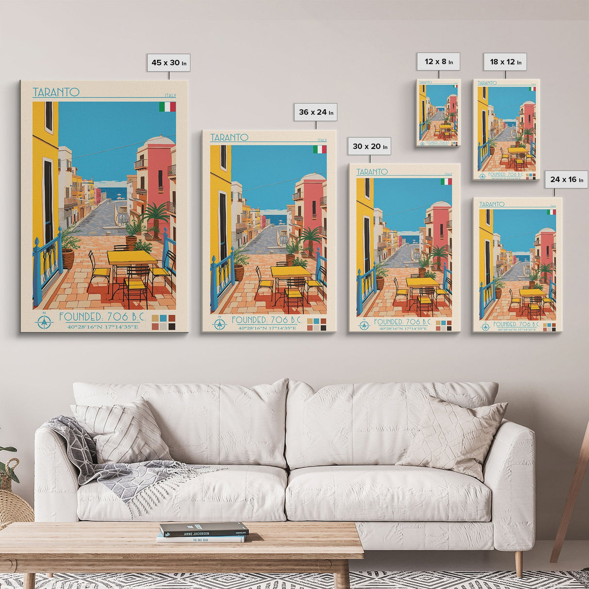 Taranto Italy Travel Poster Framed Canvas Print, Midcentury Modern Art, Pop Art Wall Decor, Living Room Art, Home Decoration