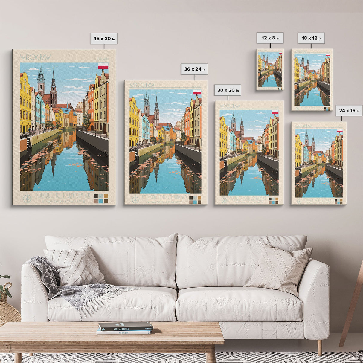 Wrocław Poland Travel Poster Framed Canvas Print, Midcentury Modern Art, Pop Art Wall Decor, Living Room Art, Scenic Wall Art