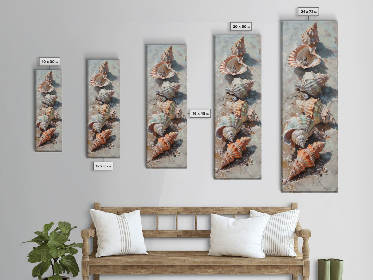 Vertical Printed Canvas Art of Seashells on Coast, Coastal Wall Art Print for Beach House, Beachy Decor, Large Wall Art, Framed Canvas Art