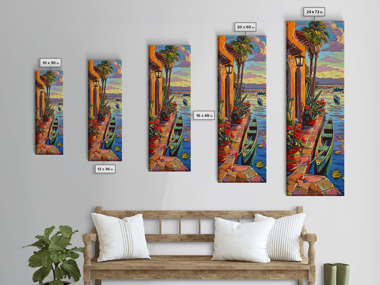 Long Narrow Vertical Wall Art Print of Beachside Landscape, Sunset Wall Art Print, Nautical Wall Art Framed on Canvas, Colorful Beach Art