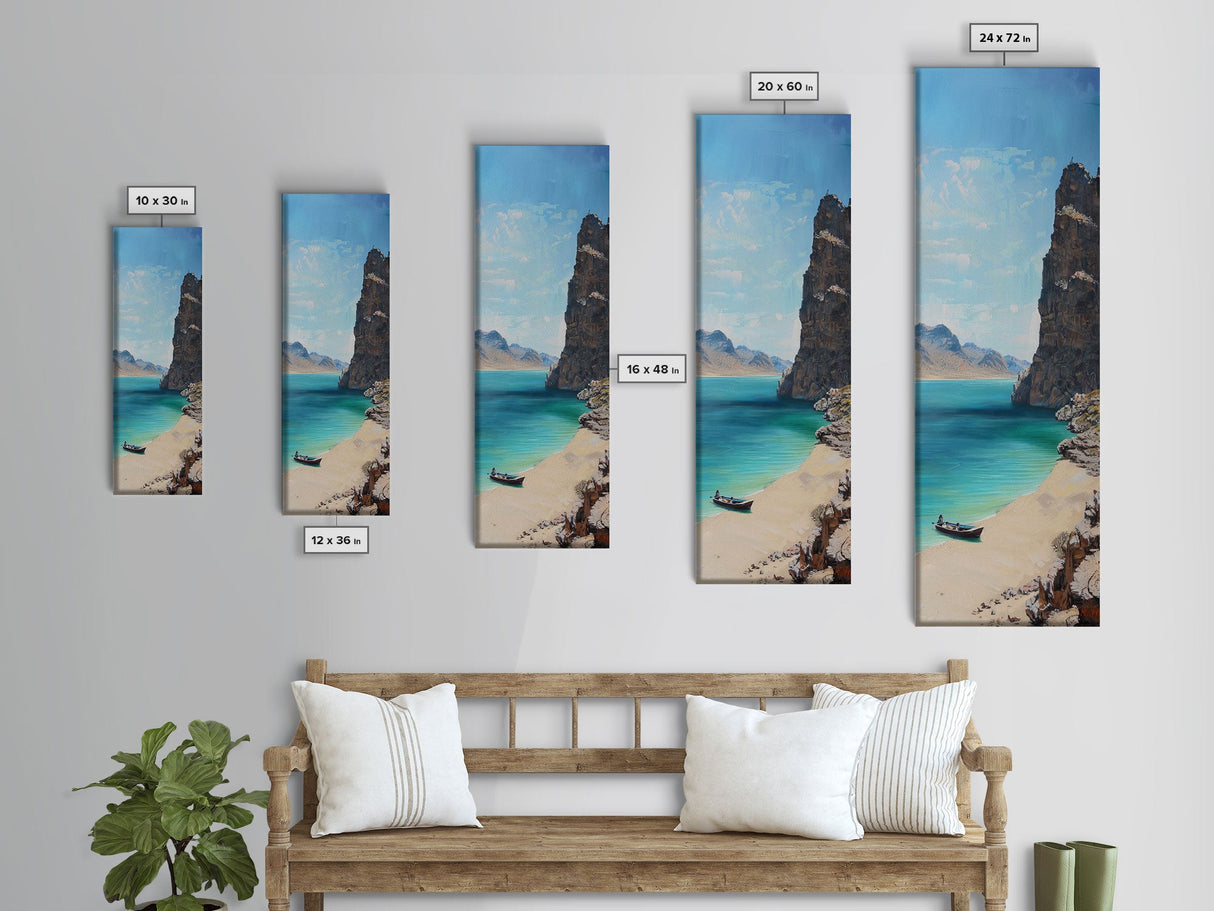 Framed Coastal Landscape Art Printed on Canvas, Contemporary Modern Beach Art, Vertical Tall and Narrow Oversized Art Print for Living Room