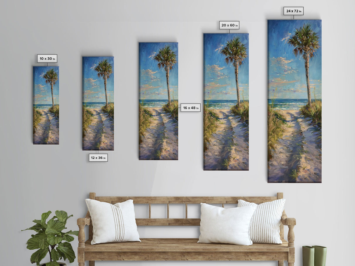 Modern Long and Narrow Coastal Art Print for Beach House, Beach Landscape Printed Canvas Art, Palm Tree Wall Art, Ocean Art for Living Room