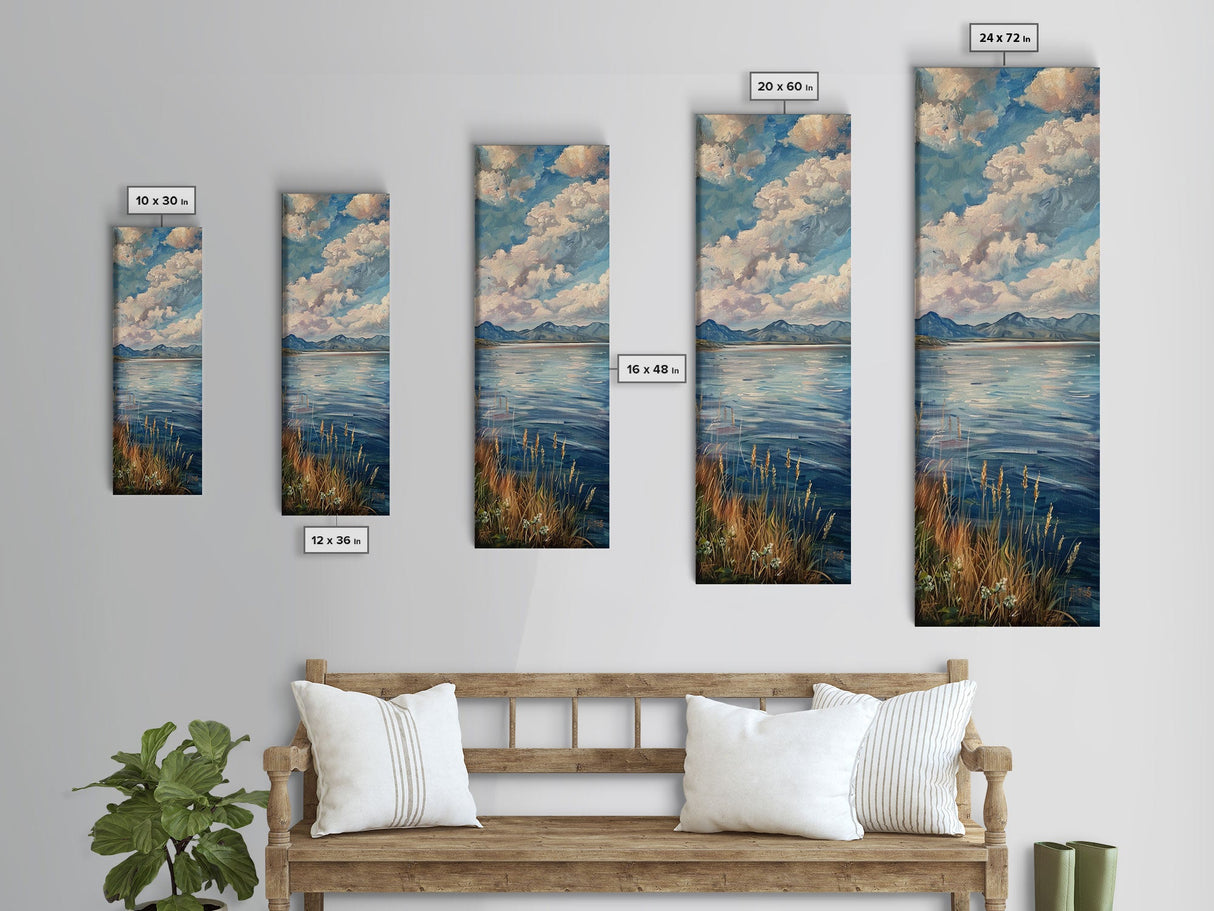 Ocean Landscape Acrylic Canvas Painting Framed, Modern Coastal Art, Vertical Framed Beach Art, Tall and Narrow Wall Art for Living Room