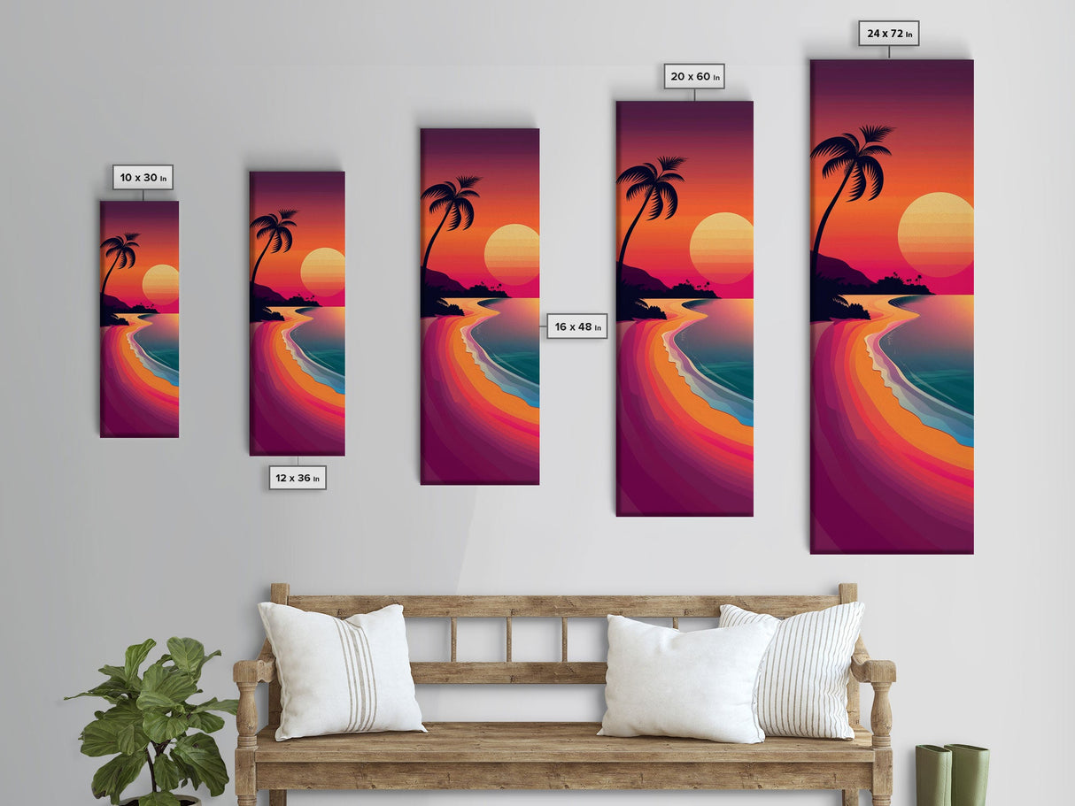 Modern Sunset Coastal Scene Midcentury Modern Art - Framed Canvas Print, Boho Art, Skinny Art, Living Room Art, Bedroom Decor, Beach Landscape