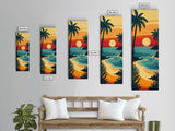 Sunset Beach with Palm Trees and Ocean View - Framed Canvas Print, Midcentury Modern Wall Art, Skinny Art, Tall Art, Living Room Decor