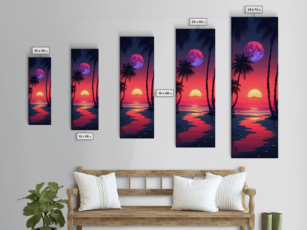 Moonlit Tropical Landscape Midcentury Modern Art - Framed Canvas Print, Boho Art, Skinny Art, Living Room Art, Bedroom Decor, Nighttime Beach