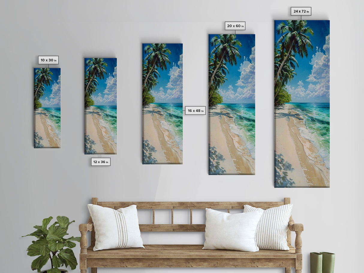 Sunny Coastal Beach Scene With Shaded Palm Trees Skinny Art Framed Canvas Print For Living Room Wall Art