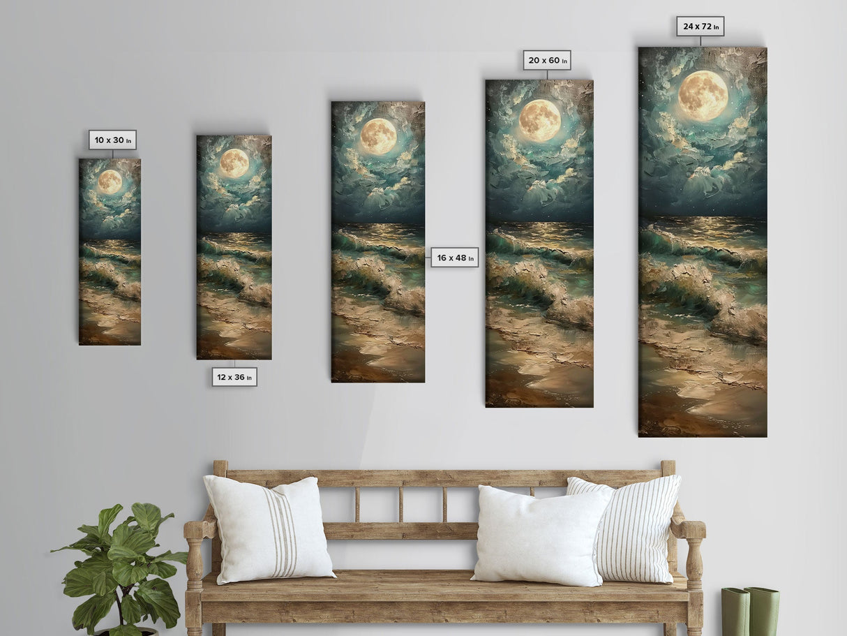 Mystical Moonlit Waves and Reflections Over the Ocean, Skinny and Tall Art, Captivating Landscape Painting, Framed Canvas Print, Wall Decor