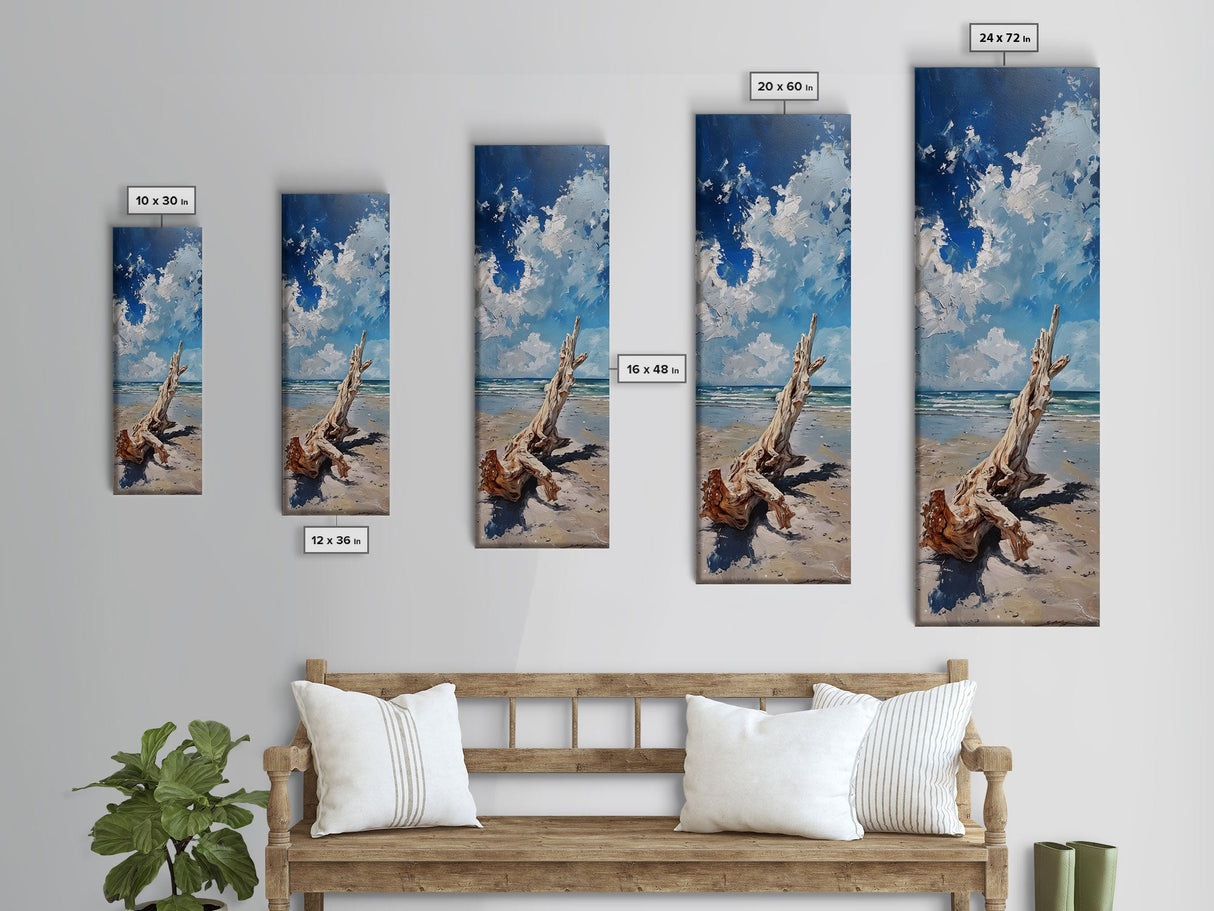 Framed Canvas Print Tall Art Featuring a Piece of Driftwood on a Sandy Beach with Bright Blue Sky and Ocean Waves, Ideal Skinny Art for Coastal Homes