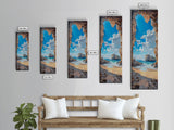 Framed Canvas Print Skinny Art of a Sunlit Beach Scene Framed by Rocky Cliffs, Overlooking a Crystal Blue Sea Under a Clear Sky, Perfect Tall Coastal Art