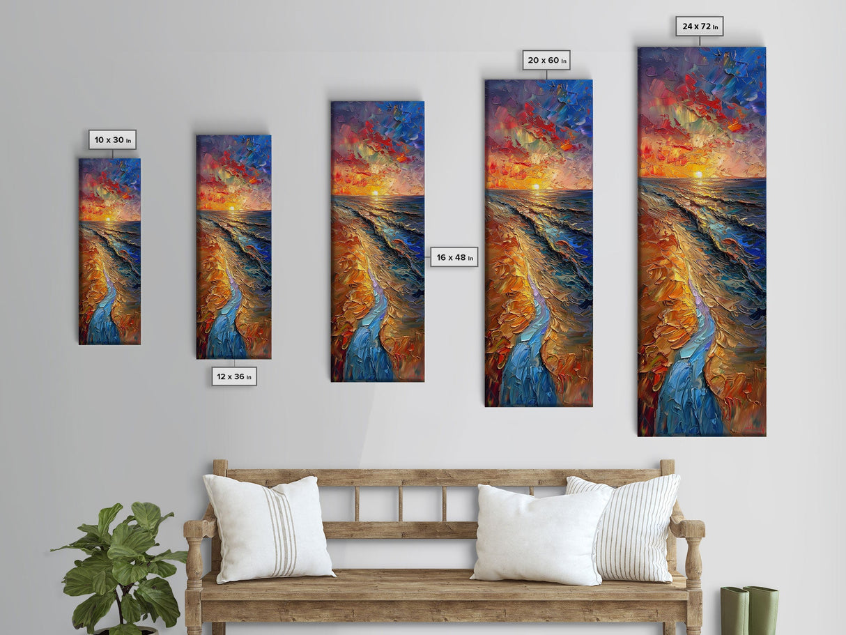 Framed Canvas Print Skinny Art of a Vibrant Sunset Over a Rolling Ocean with Dramatic Colors in the Sky and Water, Ideal Tall Art for Modern Spaces