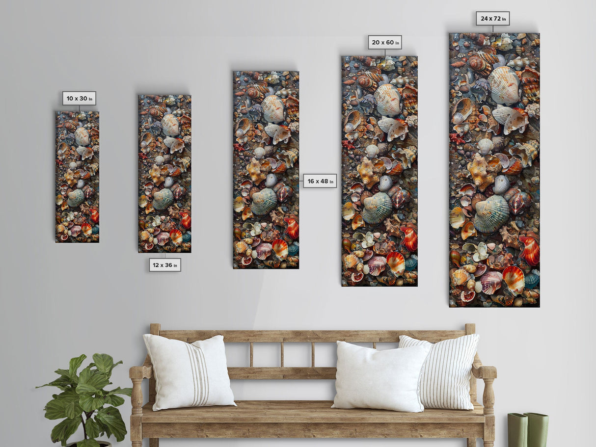 Framed Canvas Print Skinny Art of a Variety of Colorful Seashells Arranged in a Textured Pattern, Perfect Tall Art for Beach Themed Rooms